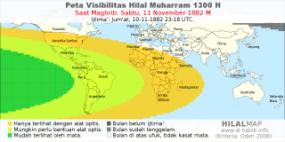 HilalMap: Peta Visibilitas Hilal Muharram 1300 H: rukyat tanggal 1882-11-11 M