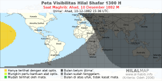 HilalMap: Peta Visibilitas Hilal Shafar 1300 H: rukyat tanggal 1882-12-10 M