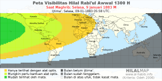 HilalMap: Peta Visibilitas Hilal Rabiul-Awwal 1300 H: rukyat tanggal 1883-1-9 M