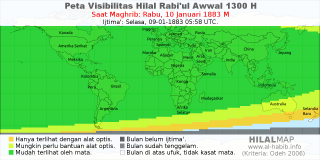 HilalMap: Peta Visibilitas Hilal Rabiul-Awwal 1300 H: rukyat tanggal 1883-1-10 M
