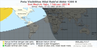 HilalMap: Peta Visibilitas Hilal Rabiul-Akhir 1300 H: rukyat tanggal 1883-2-7 M