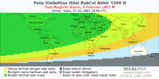 HilalMap: Peta Visibilitas Hilal Rabiul-Akhir 1300 H: rukyat tanggal 1883-2-8 M