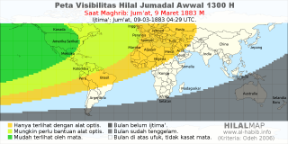 HilalMap: Peta Visibilitas Hilal Jumadal-Awwal 1300 H: rukyat tanggal 1883-3-9 M