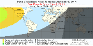 HilalMap: Peta Visibilitas Hilal Jumadal-Akhirah 1300 H: rukyat tanggal 1883-4-7 M