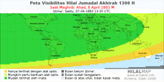 HilalMap: Peta Visibilitas Hilal Jumadal-Akhirah 1300 H: rukyat tanggal 1883-4-8 M