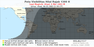 HilalMap: Peta Visibilitas Hilal Rajab 1300 H: rukyat tanggal 1883-5-6 M