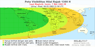 HilalMap: Peta Visibilitas Hilal Rajab 1300 H: rukyat tanggal 1883-5-7 M