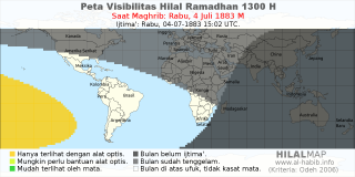 HilalMap: Peta Visibilitas Hilal Ramadhan 1300 H: rukyat tanggal 1883-7-4 M