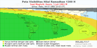HilalMap: Peta Visibilitas Hilal Ramadhan 1300 H: rukyat tanggal 1883-7-5 M