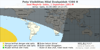 HilalMap: Peta Visibilitas Hilal Dzulqaidah 1300 H: rukyat tanggal 1883-9-1 M