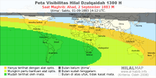 HilalMap: Peta Visibilitas Hilal Dzulqaidah 1300 H: rukyat tanggal 1883-9-2 M