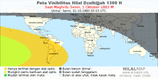 HilalMap: Peta Visibilitas Hilal Dzulhijjah 1300 H: rukyat tanggal 1883-10-1 M