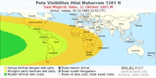 HilalMap: Peta Visibilitas Hilal Muharram 1301 H: rukyat tanggal 1883-10-31 M