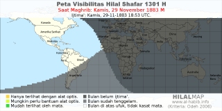 HilalMap: Peta Visibilitas Hilal Shafar 1301 H: rukyat tanggal 1883-11-29 M
