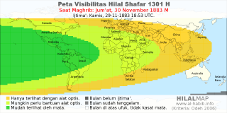 HilalMap: Peta Visibilitas Hilal Shafar 1301 H: rukyat tanggal 1883-11-30 M
