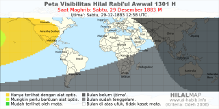 HilalMap: Peta Visibilitas Hilal Rabiul-Awwal 1301 H: rukyat tanggal 1883-12-29 M