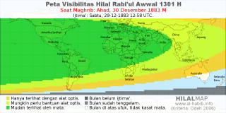 HilalMap: Peta Visibilitas Hilal Rabiul-Awwal 1301 H: rukyat tanggal 1883-12-30 M