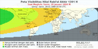 HilalMap: Peta Visibilitas Hilal Rabiul-Akhir 1301 H: rukyat tanggal 1884-1-28 M