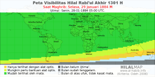 HilalMap: Peta Visibilitas Hilal Rabiul-Akhir 1301 H: rukyat tanggal 1884-1-29 M