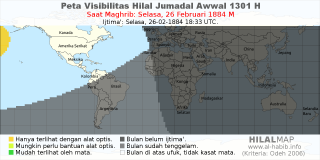 HilalMap: Peta Visibilitas Hilal Jumadal-Awwal 1301 H: rukyat tanggal 1884-2-26 M