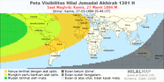 HilalMap: Peta Visibilitas Hilal Jumadal-Akhirah 1301 H: rukyat tanggal 1884-3-27 M