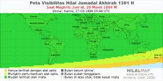 HilalMap: Peta Visibilitas Hilal Jumadal-Akhirah 1301 H: rukyat tanggal 1884-3-28 M