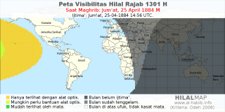 HilalMap: Peta Visibilitas Hilal Rajab 1301 H: rukyat tanggal 1884-4-25 M