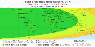 HilalMap: Peta Visibilitas Hilal Rajab 1301 H: rukyat tanggal 1884-4-26 M