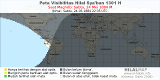 HilalMap: Peta Visibilitas Hilal Syaban 1301 H: rukyat tanggal 1884-5-24 M