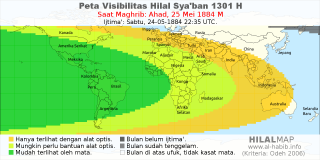 HilalMap: Peta Visibilitas Hilal Syaban 1301 H: rukyat tanggal 1884-5-25 M
