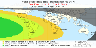 HilalMap: Peta Visibilitas Hilal Ramadhan 1301 H: rukyat tanggal 1884-6-23 M