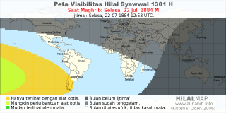 HilalMap: Peta Visibilitas Hilal Syawwal 1301 H: rukyat tanggal 1884-7-22 M