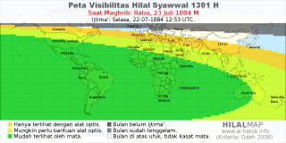 HilalMap: Peta Visibilitas Hilal Syawwal 1301 H: rukyat tanggal 1884-7-23 M