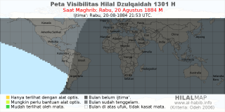 HilalMap: Peta Visibilitas Hilal Dzulqaidah 1301 H: rukyat tanggal 1884-8-20 M