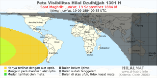 HilalMap: Peta Visibilitas Hilal Dzulhijjah 1301 H: rukyat tanggal 1884-9-19 M