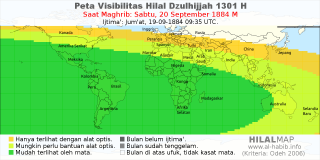 HilalMap: Peta Visibilitas Hilal Dzulhijjah 1301 H: rukyat tanggal 1884-9-20 M