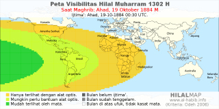 HilalMap: Peta Visibilitas Hilal Muharram 1302 H: rukyat tanggal 1884-10-19 M