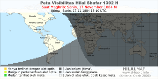 HilalMap: Peta Visibilitas Hilal Shafar 1302 H: rukyat tanggal 1884-11-17 M