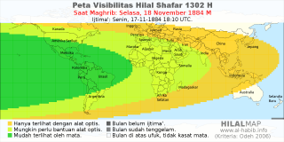 HilalMap: Peta Visibilitas Hilal Shafar 1302 H: rukyat tanggal 1884-11-18 M