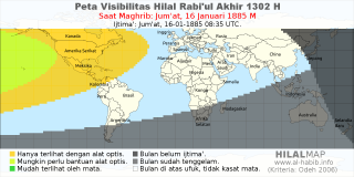 HilalMap: Peta Visibilitas Hilal Rabiul-Akhir 1302 H: rukyat tanggal 1885-1-16 M