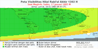 HilalMap: Peta Visibilitas Hilal Rabiul-Akhir 1302 H: rukyat tanggal 1885-1-17 M