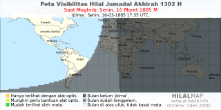 HilalMap: Peta Visibilitas Hilal Jumadal-Akhirah 1302 H: rukyat tanggal 1885-3-16 M