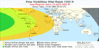HilalMap: Peta Visibilitas Hilal Rajab 1302 H: rukyat tanggal 1885-4-15 M