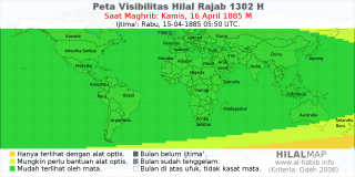 HilalMap: Peta Visibilitas Hilal Rajab 1302 H: rukyat tanggal 1885-4-16 M