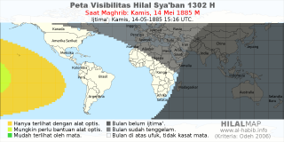 HilalMap: Peta Visibilitas Hilal Syaban 1302 H: rukyat tanggal 1885-5-14 M