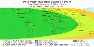 HilalMap: Peta Visibilitas Hilal Syaban 1302 H: rukyat tanggal 1885-5-15 M