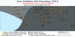 HilalMap: Peta Visibilitas Hilal Ramadhan 1302 H: rukyat tanggal 1885-6-12 M