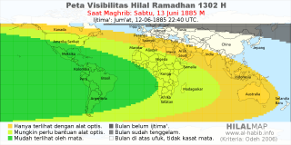 HilalMap: Peta Visibilitas Hilal Ramadhan 1302 H: rukyat tanggal 1885-6-13 M