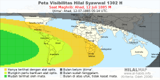HilalMap: Peta Visibilitas Hilal Syawwal 1302 H: rukyat tanggal 1885-7-12 M