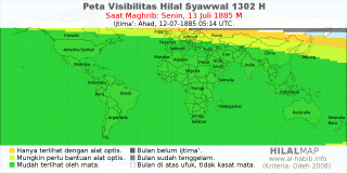 HilalMap: Peta Visibilitas Hilal Syawwal 1302 H: rukyat tanggal 1885-7-13 M